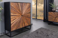 Massives Highboard BARRACUDA 120cm braun Mangoholz mit Teakholz-Front schwarz Metall