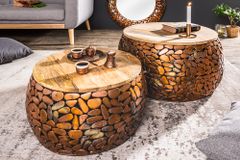 2er Set Runde Couchtische STONE MOSAIC 65cm kupfer Mangoholz Metall Mosaik Design handmade