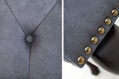 Edler Chesterfield Fußhocker antik grau Microfaser mit Knopfheftung und Nietenbesatz