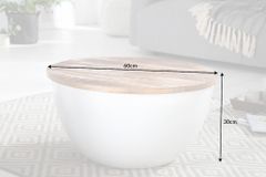 Runder Couchtisch INDUSTRIAL STORAGE 60cm weiß natur Mangoholz mit Stauraum handmade