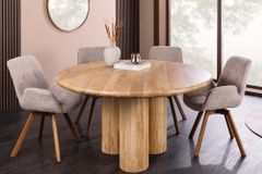 Runder Esstisch ART DECO 140cm natur Mangoholz massiv mit Säulenfüßen