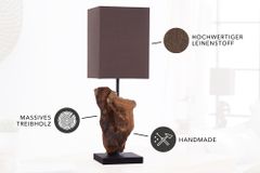 Handgearbeitete Treibholz Tischlampe HYPNOTIC 45cm braun mit Leinenschirm