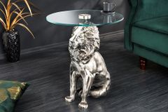 Runder Beistelltisch WILDLIFE LION 60cm silber antik Metall Glas Löwen Skulptur