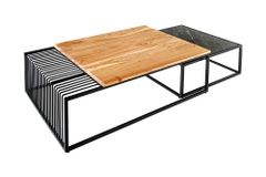 2er Set Couchtische ARCHITECTURE 90cm natur Akazienholz schwarz Steinfurnier Metall