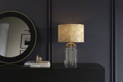Moderne Tischlampe CLASSICO 50cm transparent Glas weiß gold Leinenschirm