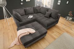 Moderne Wohnlandschaft KENT 220cm grau Samt Ecksofa Federkern inkl. Hocker und Kissen
