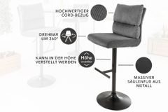 Höhenverstellbarer Barhocker COMFORT grau Cord drehbar mit Lehne Metall schwarz