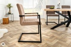 Industrial Freischwinger LOFT taupe Cord schwarz Eisen mit Armlehne