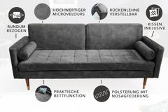 Modernes Schlafsofa COUTURE 200cm grau Microvelours 3-Sitzer Couch mit Schlaffunktion