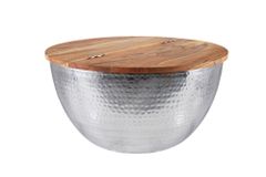 Runder Couchtisch ORIENT STORAGE 60cm silber Akazienholz mit Stauraum Hammerschlag handmade