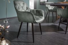 Design Stuhl MILANO grün Samt mit Armlehne Ziersteppung gepolstert schwarze Metallbeine