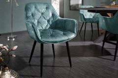 Design Stuhl MILANO petrol Samt mit Armlehne Ziersteppung gepolstert schwarze Metallbeine