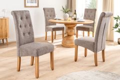 Design Stuhl CASA taupe Strukturstoff Massivholzbeine mit Zierknöpfen und Nackenrolle