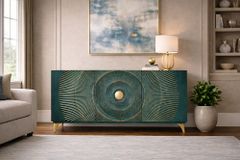 Handgearbeitetes Sideboard GOLDEN SUNSET 140cm türkis mit 3D Schnitzereien gold Mangoholz Metallbeine