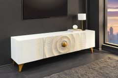 Massives TV-Lowboard GOLDEN SUNSET 180cm weiß gold Mangoholz 3D Schnitzereien Metallfüße