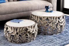 Rundes 2er Set Couchtische ABSTRACT LEAF 70cm weiß silber Marmor Metall Blatt-Design