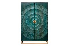 Handgearbeiteter Barschrank GOLDEN SUNSET 140cm türkis Mangoholz massiv