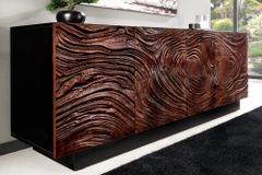 Massives Sideboard FLUID 175cm walnuss-braun Akazienholz 3D-Design schwarzer Sockelfuß