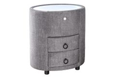 Nachttisch SIGNUM 55cm oval grau Vogue Seiden Samtstoff inkl. Beleuchtung Schubladen