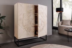 Massives Highboard LION 120cm creme Mangoholz schwarz Metall 3D Schnitzereien Kunstwerk