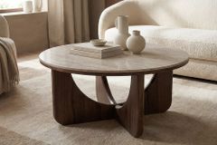 Runder Couchtisch ENSO 80cm champagner greige Travertin Keramik Walnussholz