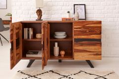 Massivholz Sideboard AMAZONAS 150cm braun Sheesham Baumkante schwarzes Metallgestell