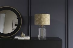 Moderne Tischlampe CLASSICO 50cm transparent Glas weiß gold Leinenschirm