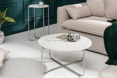 Runder Couchtisch NOBLE 65cm weiß Marmor abnehmbare Tischplatte klappbar silber Metall