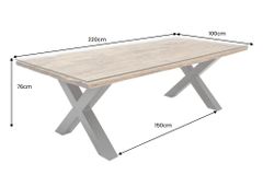 Massivholz Esstisch BARRACUDA 220cm natur Teak schwarz Metall X-Gestell inkl. Glasplatte