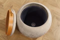 Runder Couchtisch ORBIT 50cm champagner-greige Bouclé Hocker mit Tablett und Stauraum
