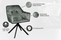 Design Stuhl LOFT grün Samt drehbar Metallgestell schwarz mit Armlehne