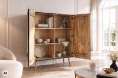 Massives Highboard AURUM 120cm schwarz Mangoholz mit ikonischem Gold-Element
