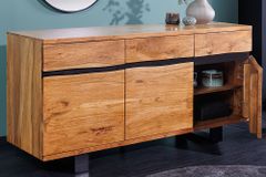 Massivholz Sideboard MAMMUT 160cm Akazie honey finish Metall Baumkante mit Schubladen