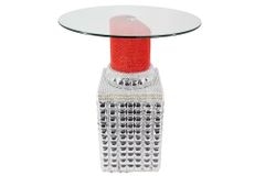 Handgefertigter Bistrotisch LIPSTICK 75cm rot silber runde Tischplatte Glas