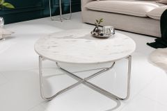 Runder Couchtisch NOBLE 65cm weiß Marmor abnehmbare Tischplatte klappbar silber Metall