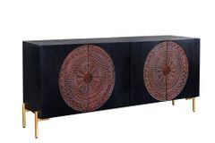 Massives Sideboard MANDALA 160cm Mangoholz schwarz mit 3D Schnitzereien goldene Füße