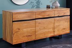 Massivholz Sideboard MAMMUT 160cm Akazie honey finish Metall Baumkante mit Schubladen