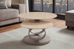 Design Couchtisch DANCING RINGS natur rund drehbar Travertin Keramik champagner greige