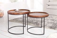 Rundes 2er Set Beistelltische ELEMENTS 55cm Akazie stone finish Metall schwarz