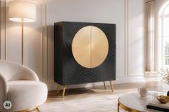 Massives Highboard AURUM 120cm schwarz Mangoholz mit ikonischem Gold-Element