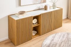 Design Sideboard VICENZA 180cm weiß Keramik natur Eiche Lamellenfront