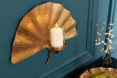 Dekorativer Kerzenhalter GINKGO 44cm gold handmade Metall Wandteelicht