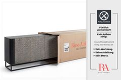 Handgefertigtes Sideboard CROCO 180cm grau schwarz Mangoholz mit 3D Schnitzereien massiv Metall