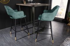 Design Barhocker PARIS petrol Samt Ziersteppung Fußkappen gold mit Armlehnen