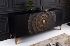 Handgearbeitetes Sideboard GOLDEN SUNSET 180cm schwarz mit 3D Schnitzereien gold Mangoholz Metallbeine