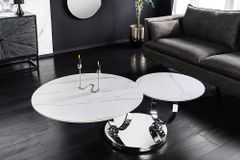 Design Couchtisch DANCING RINGS weiß rund drehbar Marmor Keramik Chrome Gestell