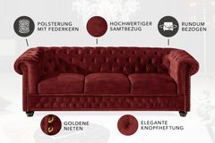 Barock Sofa CHESTERFIELD 205cm bordeaux rot Samt Federkern Knopfheftung 3-Sitzer Couch