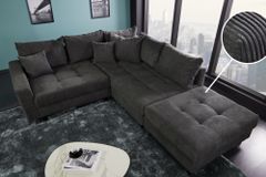 Modernes Ecksofa KENT 220cm dunkelgrau Cord inklusive Hocker Federkern Wohnlandschaft