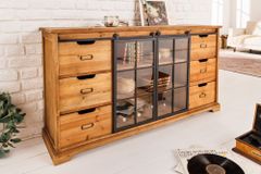 Massives Sideboard HERITAGE 150cm natur Pinienholz Industrial-Türen Metall Vitrine