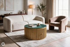 Runder Couchtisch COFFEE TABLE VENEZIANO 70cm messing grün Mangoholz Marmor Schublade